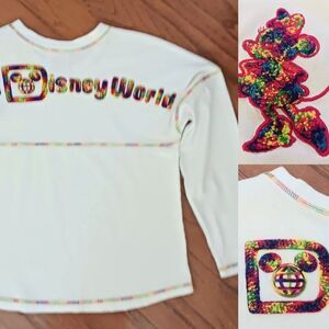 Disney Parks Authentic White Spirit Jersey Rainbow Yarn Minnie Mouse Youth XL